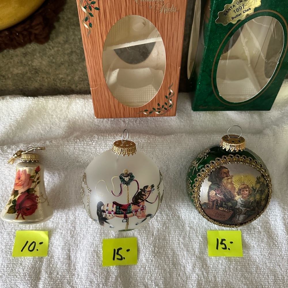 KREBS ornaments 
- Floral, carousel horse , and  Santa on silk